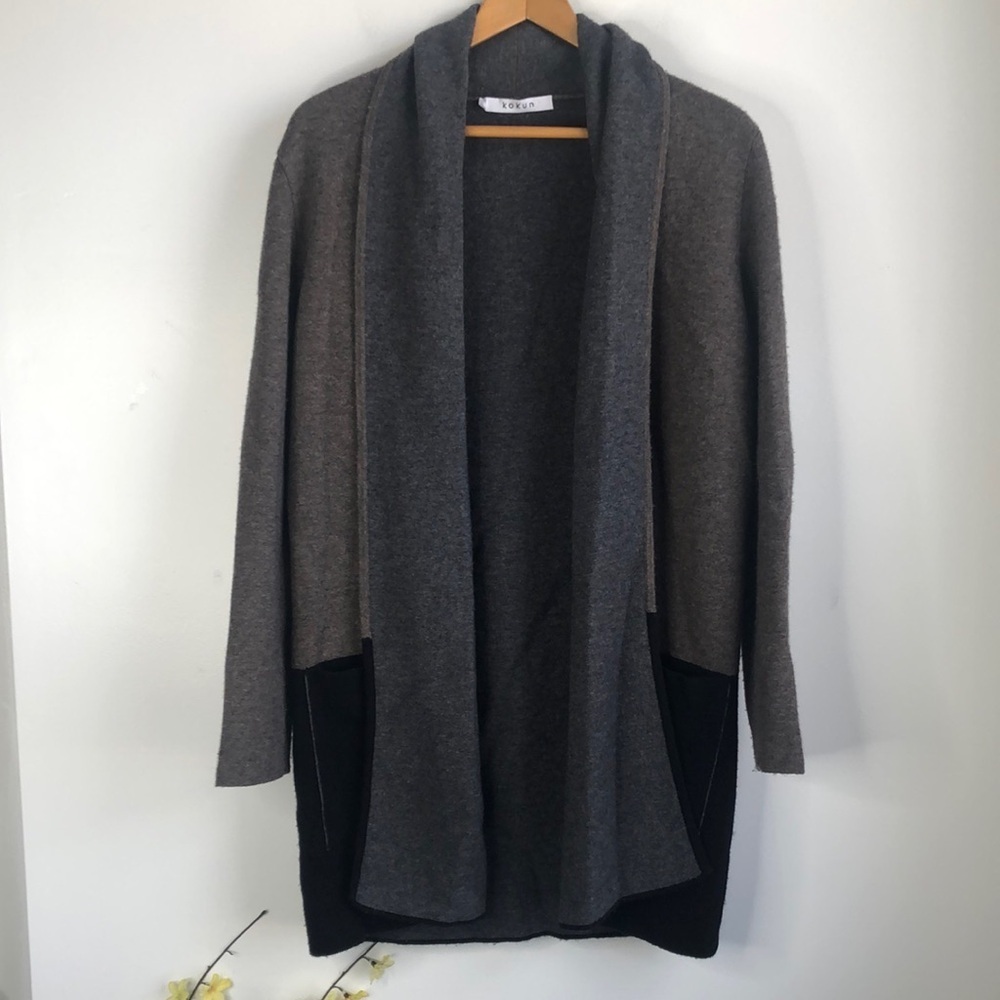 Kokun wool cashmere blend long open front cardigan sweater
